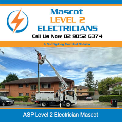 Utility truck with extended boom lift for overhead power line with ASP level 2 electrician working in Mascot